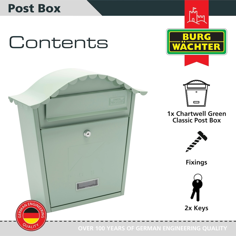 image 1 of Burg-Wachter Classic Wall Mounted Galvanised Steel Lockable Weatherproof Post Box - 36x37x13cm | Green | Chartwell Green