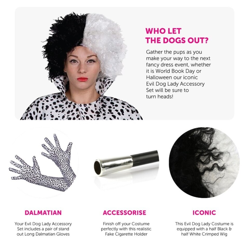 image 1 of Evil Dog Lady Accessory Set - Wig, Gloves & Cig Holder Black | One Size
