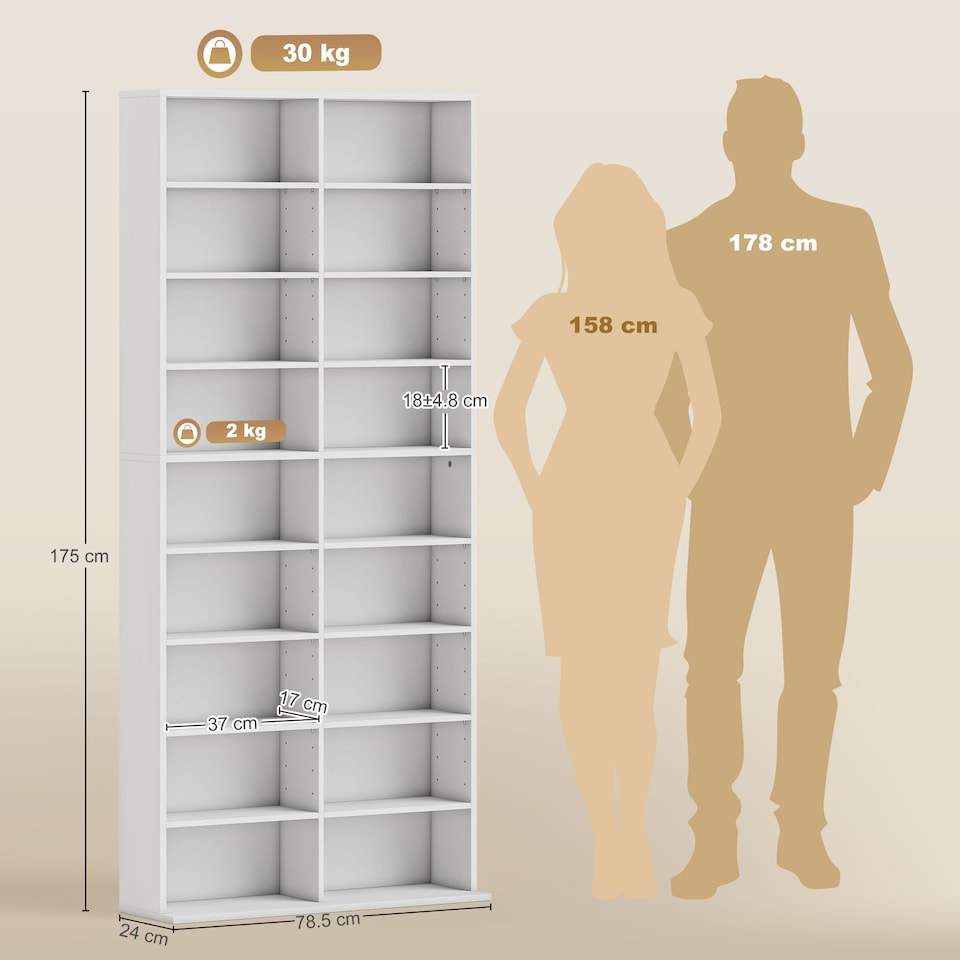 image 1 of HOMCOM 640 CD360 DVD Storage Unit, Blu-ray Media Storage Shelf with 18 Compartments and 14 Adjustable Shelves, CD Tower for Living Room, Bedroom, Office, White | White