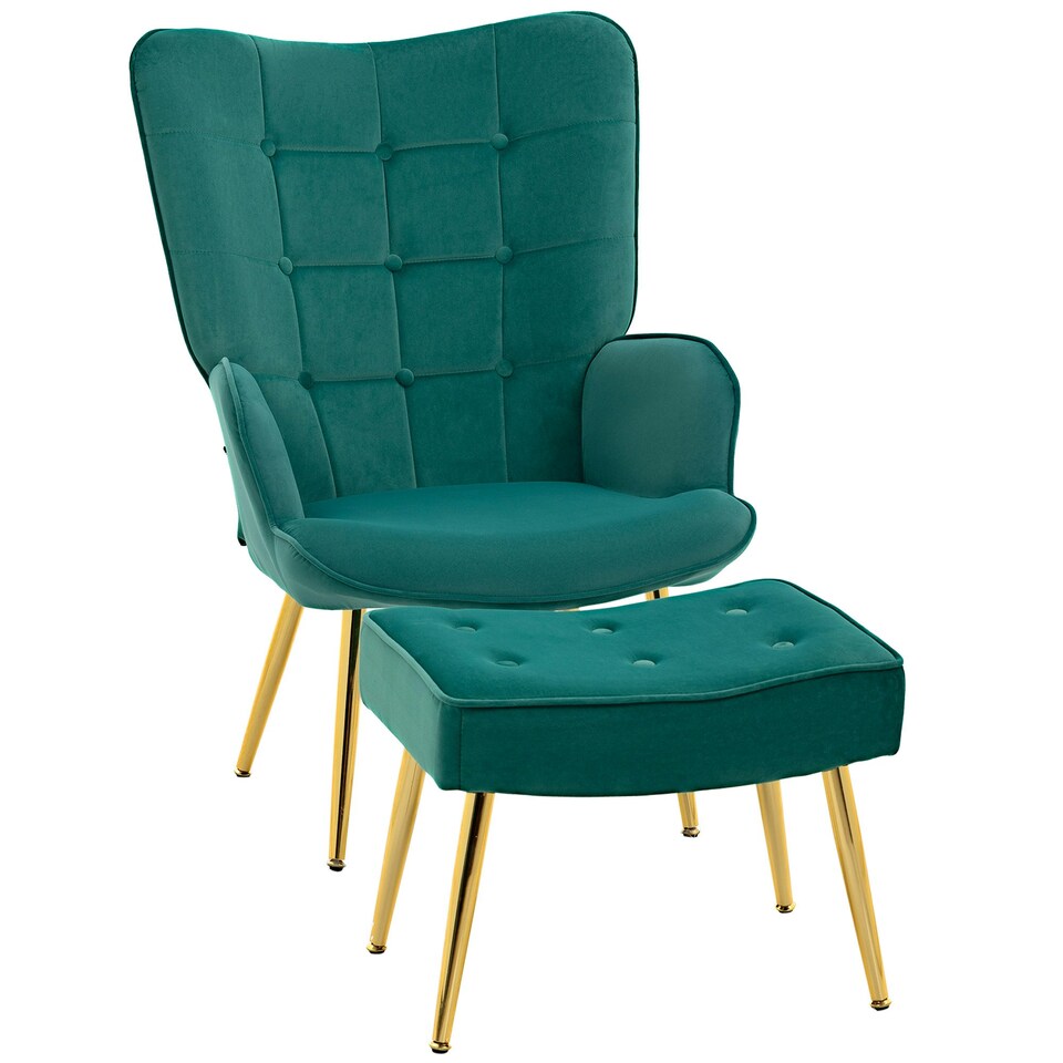 image 1 of HOMCOM Button Tufted Armchair with Footstool and Gold Legs Dark Green