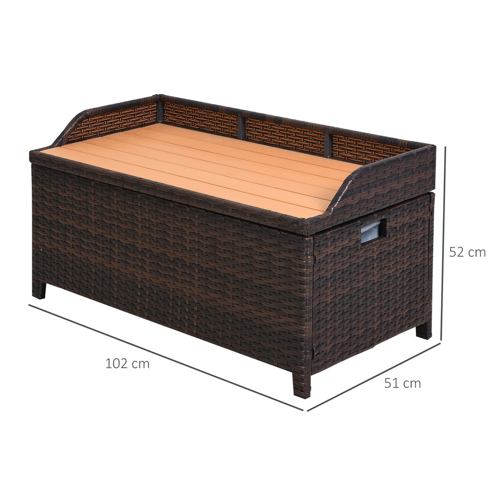 image 1 of Outsunny PE Rattan Outdoor Storage Bench, Aluminium Garden Bench with Storage Underneath with Zipped Inner Lining, Rods for Deck, Mixed Brown