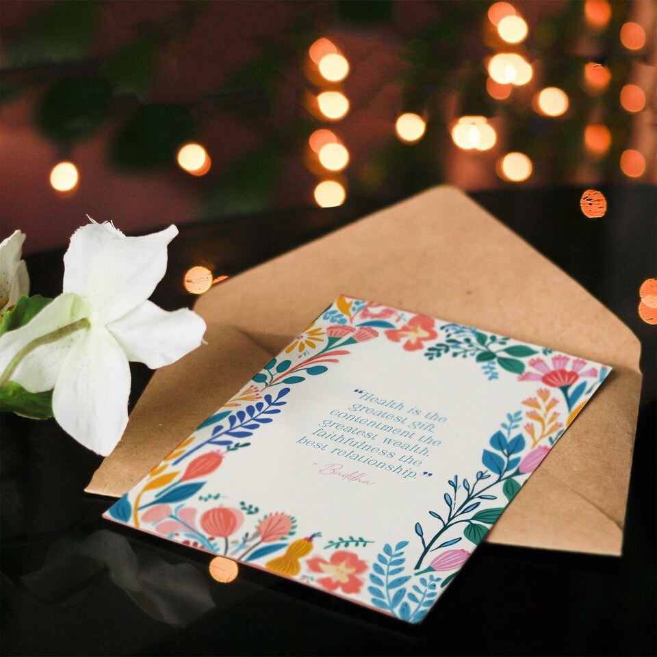 image 1 of Health is the Greatest Gift Buddha Quote Floral Spiritual Birthday Card