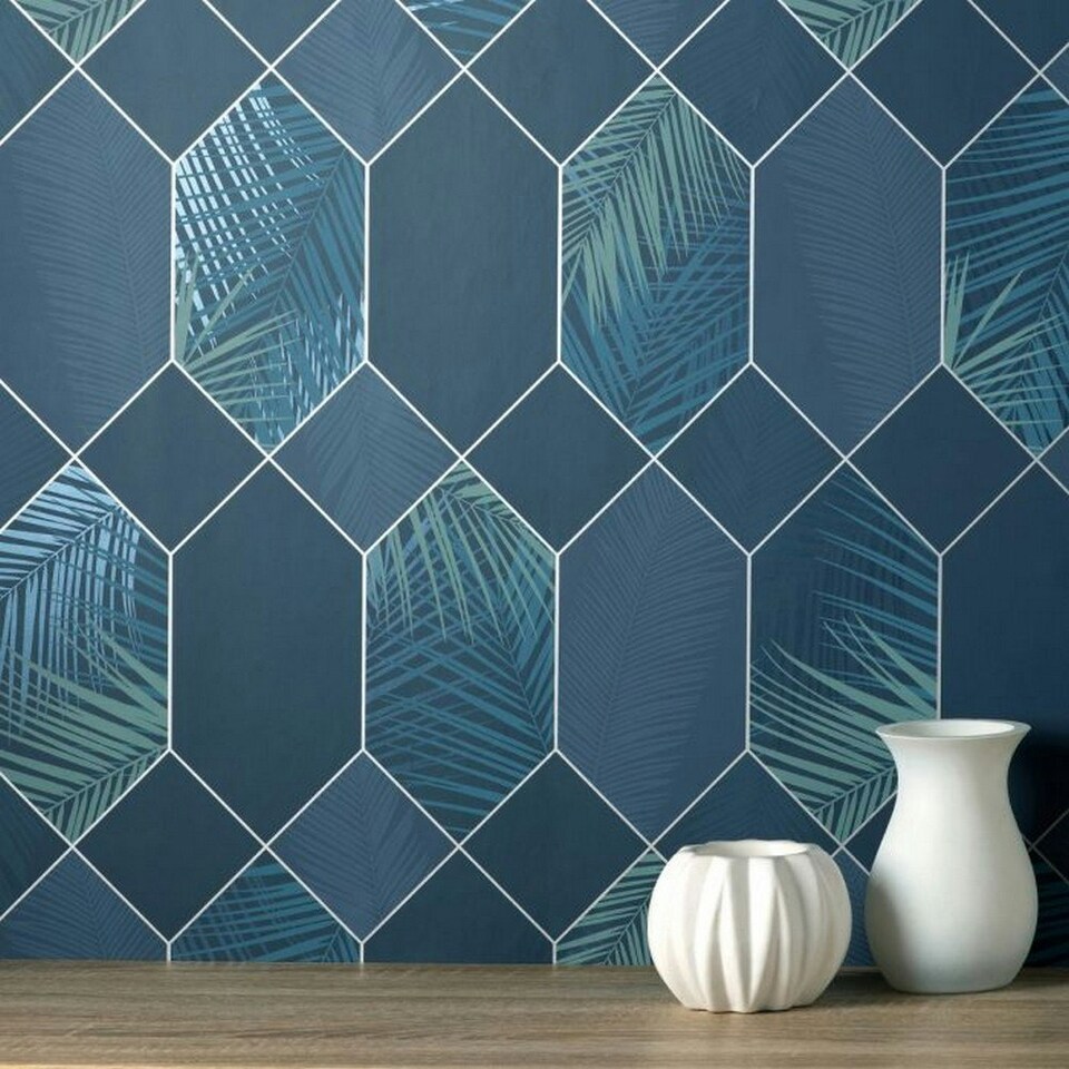 image 1 of Fine Decor Miami Geometric Leaf Wallpaper - Navy/Silver - One Size Blue