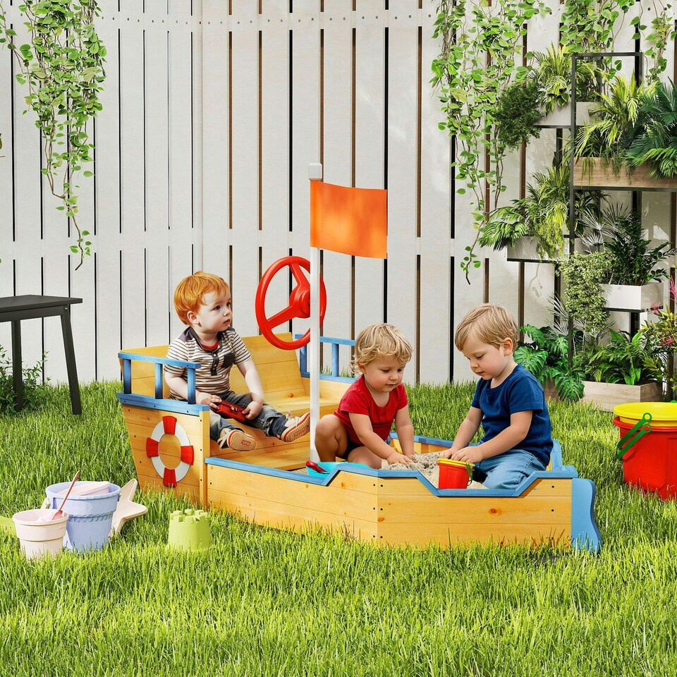 image 1 of Outsunny Kids Wooden Sandbox Pirate Ship Sandboat w/ Bench Seat Storage Space