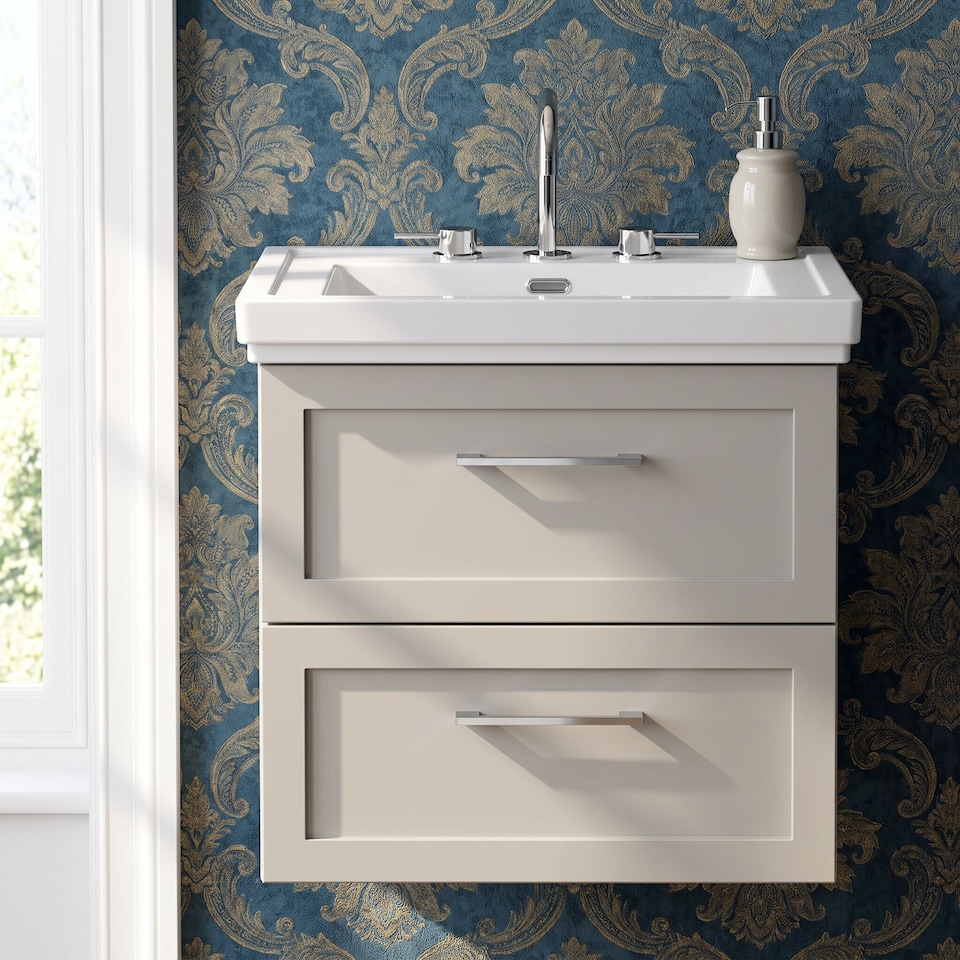 image 1 of Balterley Stonnall Traditional Wall Hung 2 Drawers Vanity Unit with Traditional 3 Tap Hole Fireclay Basin, 600mm, Pebble Grey