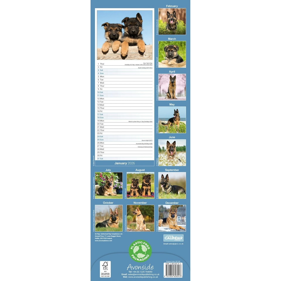 image 1 of German Shepherd Slim 2026 Calendar | Slimline Wall Calendar | Dog Breed Gift | Plastic Free Packaging | Avonside Publishing Ltd
