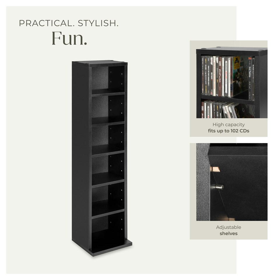 image 1 of CD DVD Storage Tower Media Display Unit Adjustable Shelves Wood Effect 102 CDs or 27 DVDs Black