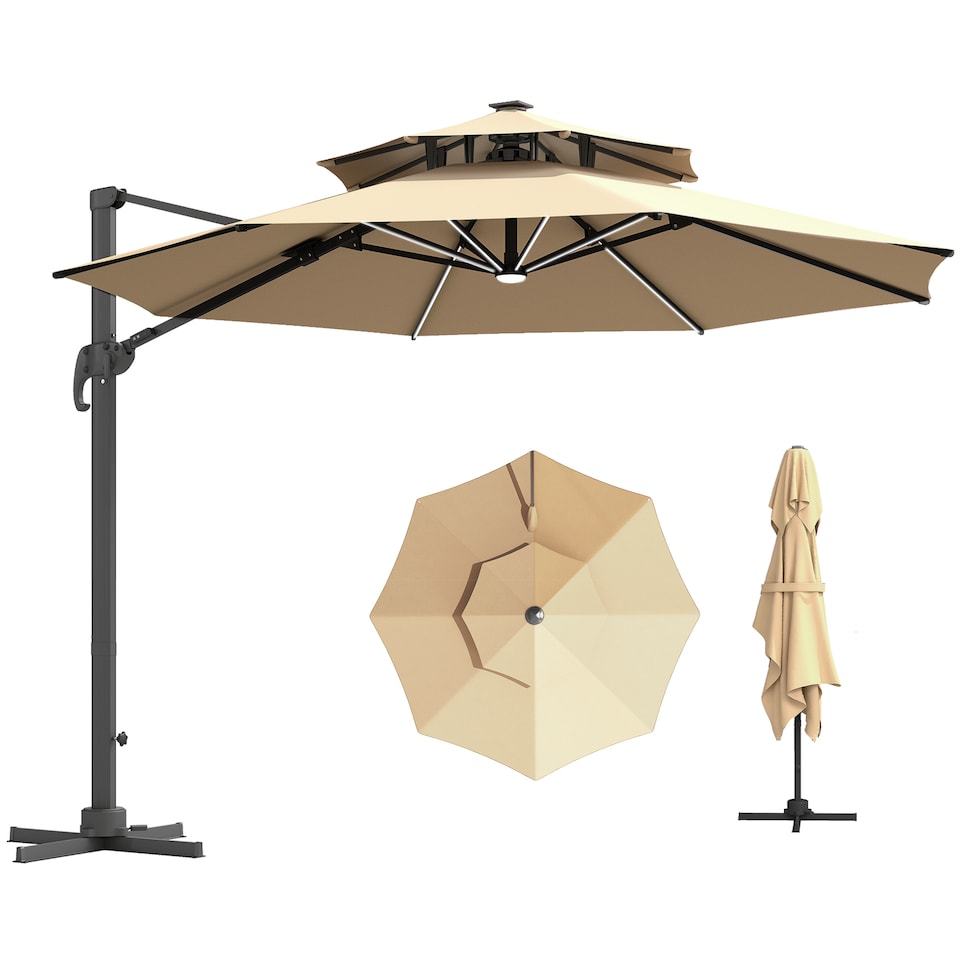 image 1 of Outsunny 3 m Cantilever Roma Parasol with LED Solar Lights, Crank and Tilt, Aluminium Frame, Cross Base and Adjustable Canopy 360 Rotating Sun Umbrella with 2Tier Shade, Beige