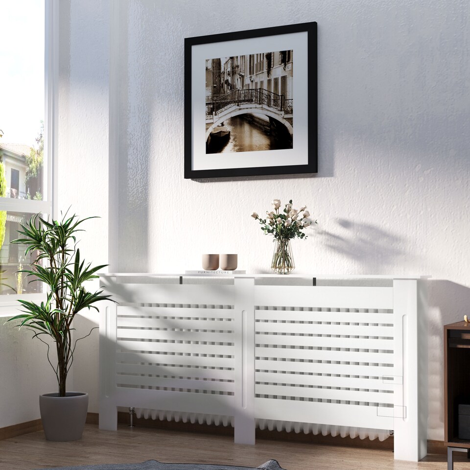image 1 of HOMCOM Radiator Cover, Modern MDF White Painted Cabinet with Horizontal Slats for Living Room, Bedroom, 172L x 19W x 81H cm
