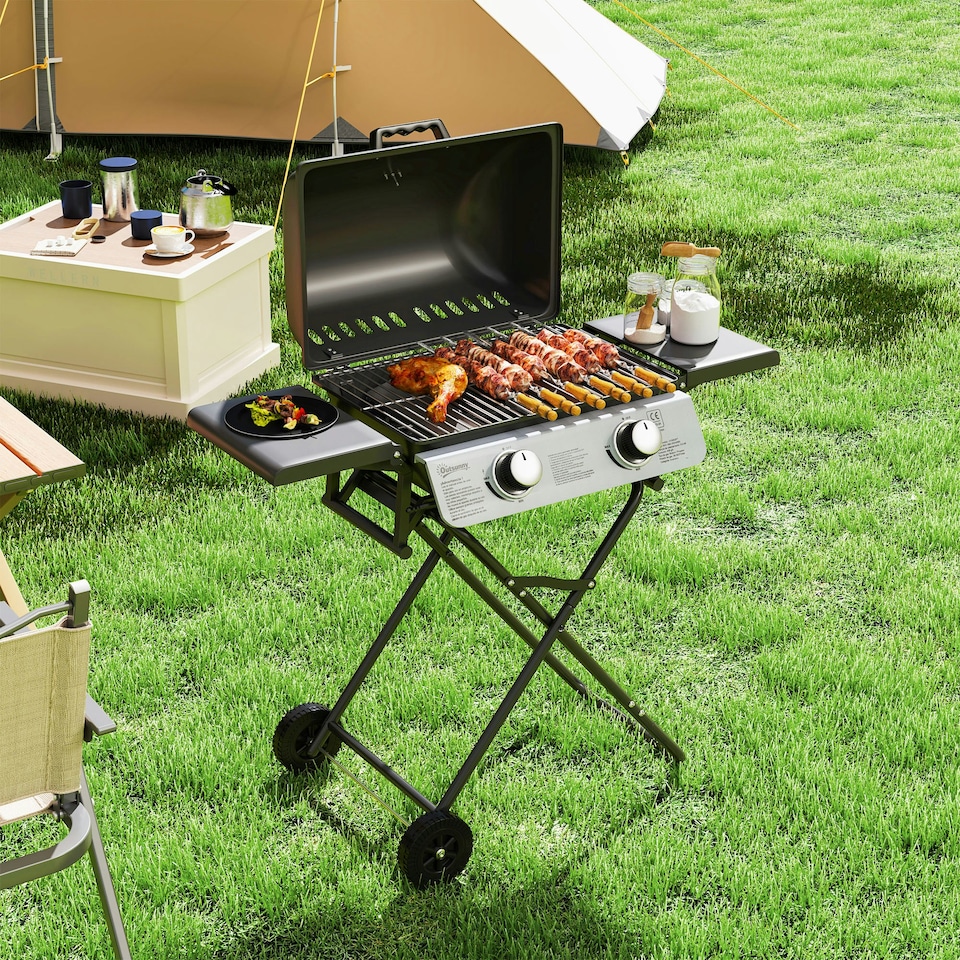 image 1 of Outsunny Portable Foldable Gas Barbecue Grill with Thermometer, Lid, Black