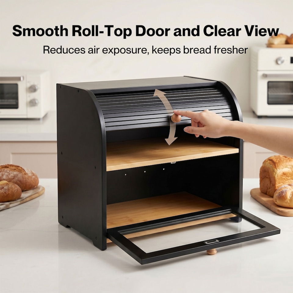 image 1 of Toque Bread Box 2-Tier Large Capacity Roll Top Black Bamboo Acrylic Door