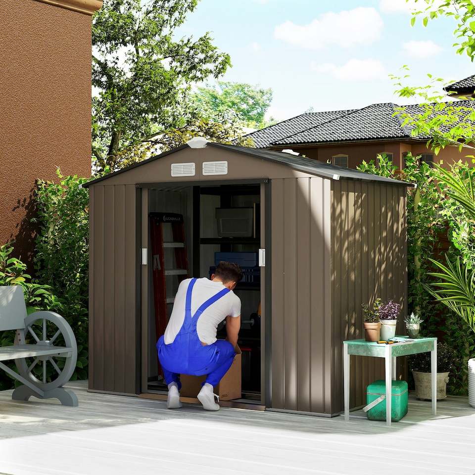 image 1 of Outsunny 7 x 4ft Garden Shed Storage with Foundation Kit and Vents, Brown