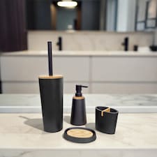 Showerdrape Sonata Black & Bamboo 4 Piece Bathroom Accessory Set | Black | Black | 1