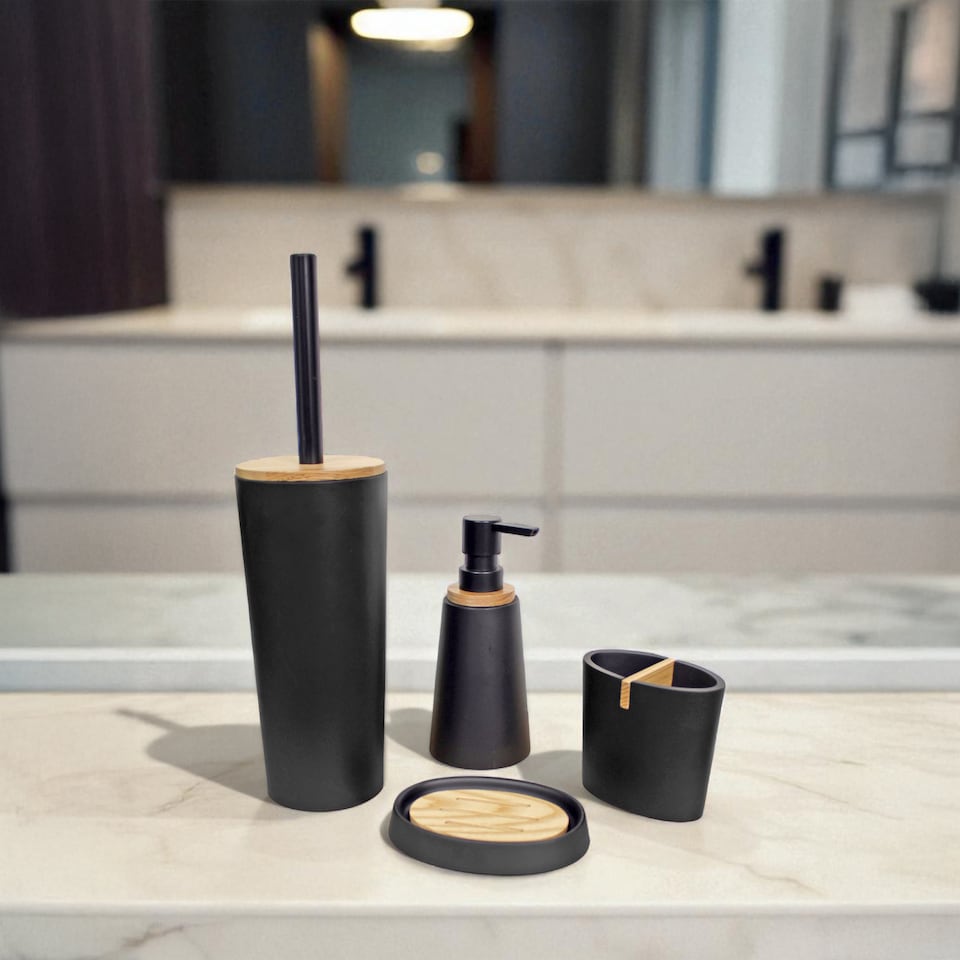image 1 of Showerdrape Sonata Black & Bamboo 4 Piece Bathroom Accessory Set | Black | Black | 1