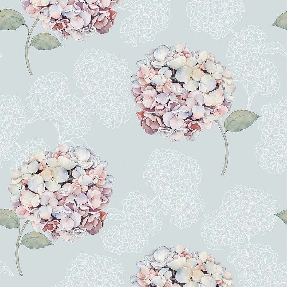 image 1 of Hydrangea Harmony Wallpaper in Soft Blue Multi
