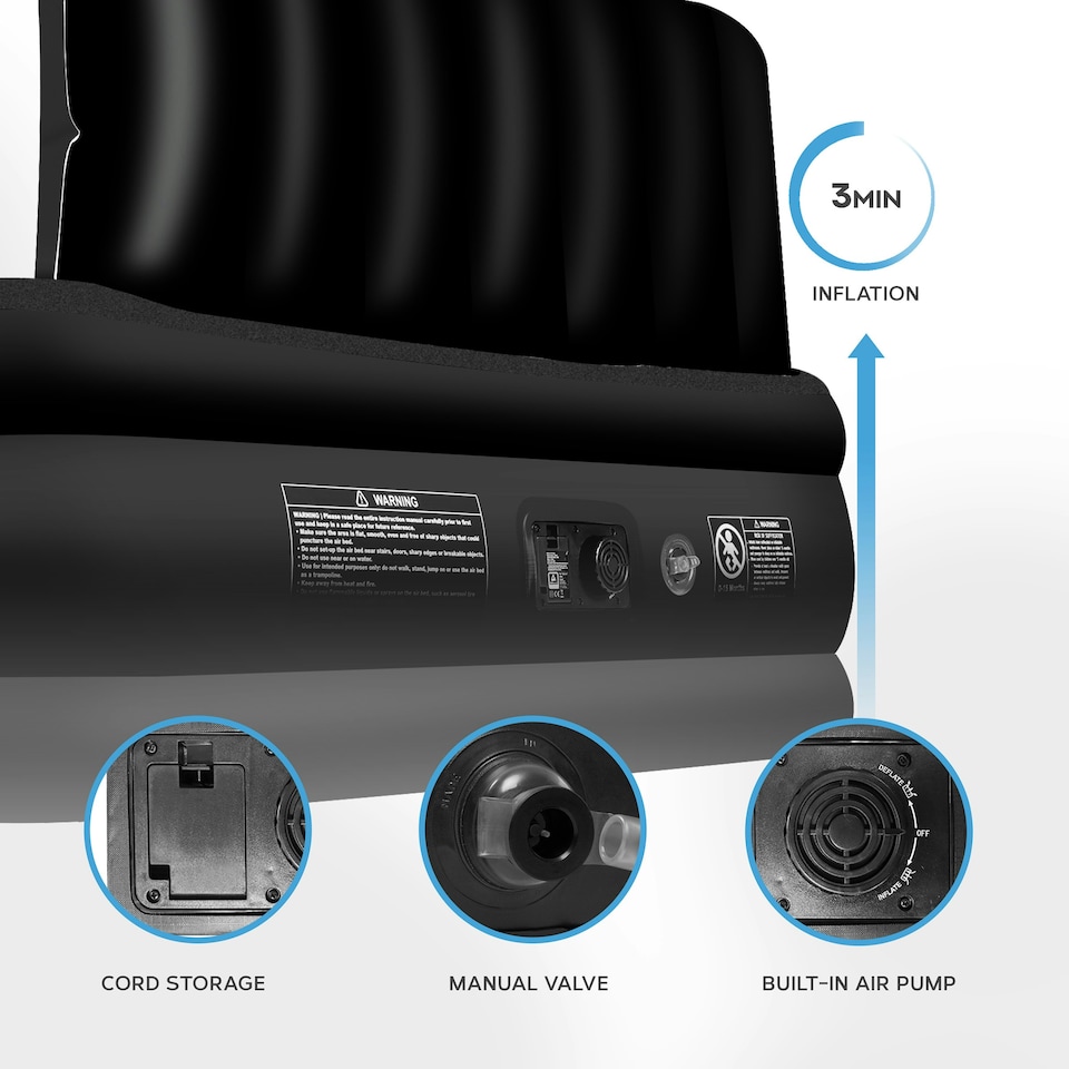 image 1 of Get Fit Air Bed With Built In Electric Pump - Premium Double Airbed - Quick Blow Up Bed With Headboard & 2 Free Inflatable Pillows - Air Mattress- Black Mono