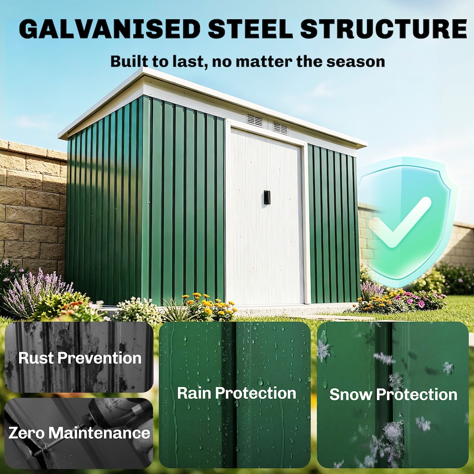 image 1 of Outsunny 9 x 4FT Waterproof Metal Garden Storage Shed w/ 2 Door, Dark Green