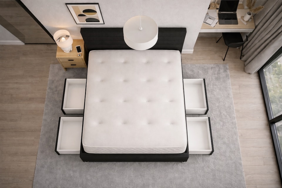 image 1 of Divan Bed Set Headboard and Footboard with Mattress 6ft Superking Black Suede Storage 4 Drawers