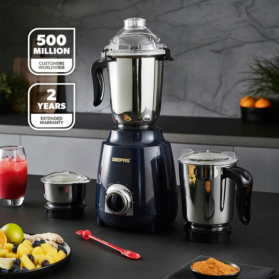 image 1 of GEEPAS 600W 3-in-1 Mixer Grinder | Stainless Steel Jars, Blades, Blue Blue