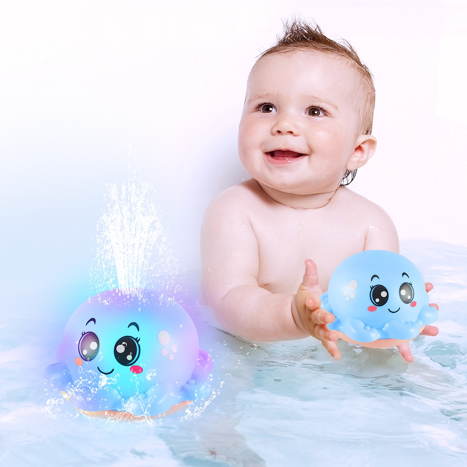 image 1 of Octopus Bath Time Toy for Babies Toddler Light Up Floating Fountain with Spraying Water Multicolour LED Lights (Blue)