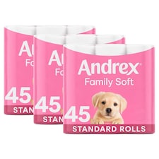 Andrex Toilet Roll Gentle Clean Fragrance-Free 2 Ply Toilet Paper, 45 Rolls | White | 3 Pack | 3