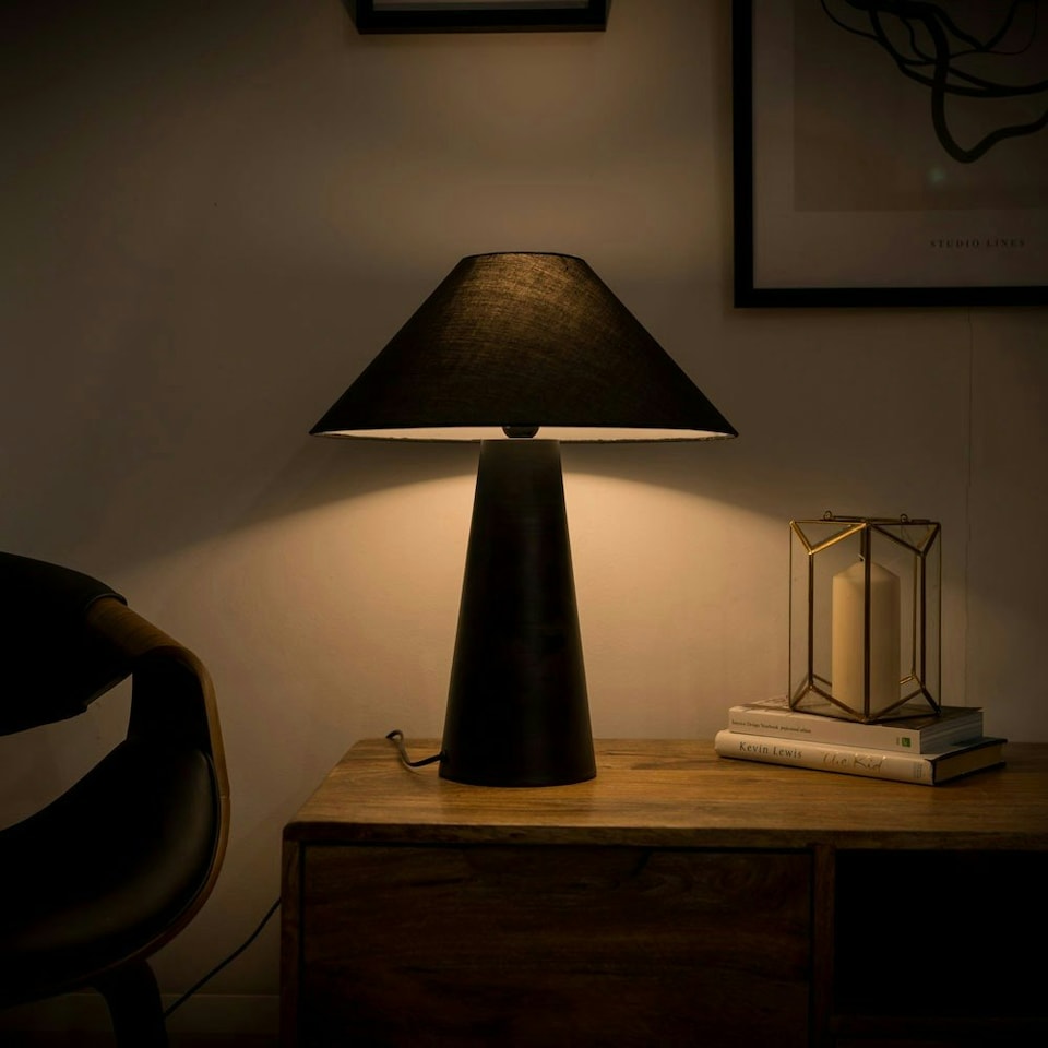 image 1 of ValueLights Matt Black Cone Shaped Bedside Table Desk Lamp With Fabric Light Shade