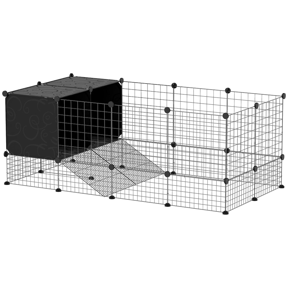 image 1 of PawHut DIY Small Animal Cage w/ Elevated Huts, for Guinea Pigs, Rabbits