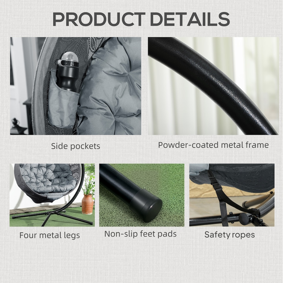 image 1 of Outsunny Outdoor Hanging Chair, Swing Chair with Metal Stand, Thick Padded Cushion, Foldable Basket and Side Pocket, for Indoor and Outdoor, Charcoal Grey | Grey | Charcoal grey