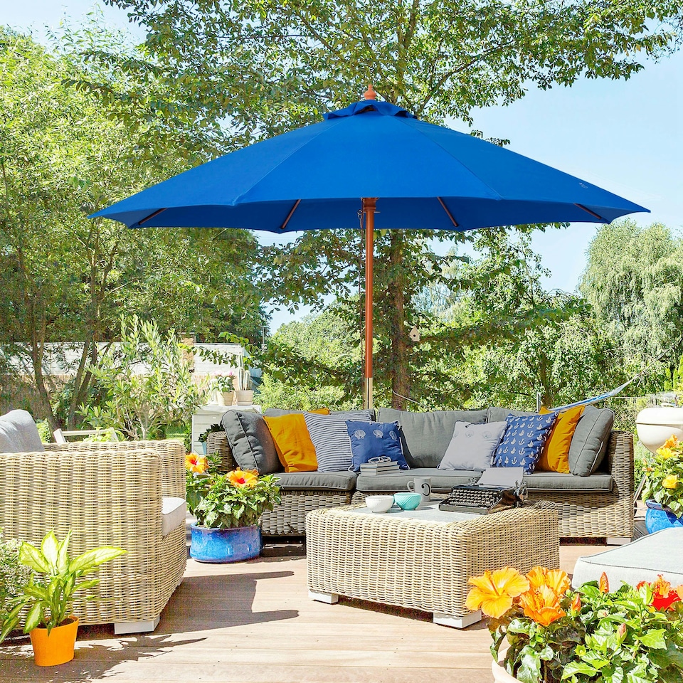 image 1 of Outsunny 2.5m Wooden Garden Parasol Outdoor Umbrella Canopy w/ Vent Blue