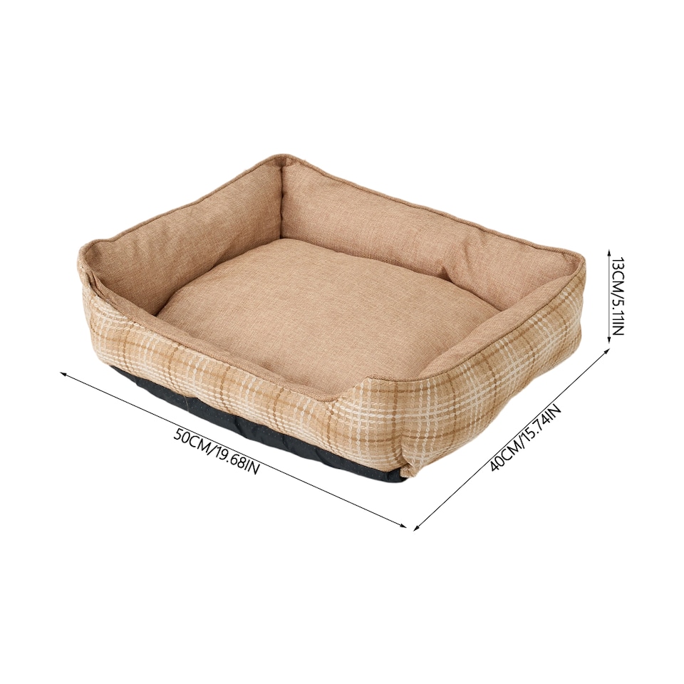 image 1 of Living and Home Linen Woven Pet Bed with Anti-Slip Bottom for Cats & Dogs | Multi | Kakhi Plaid | M