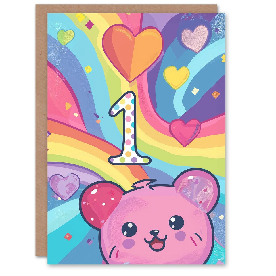 image 1 of Rainbow Kawaii Hamster Bear Cartoon Cute 1st First Age One Child Kids Birthday Card
