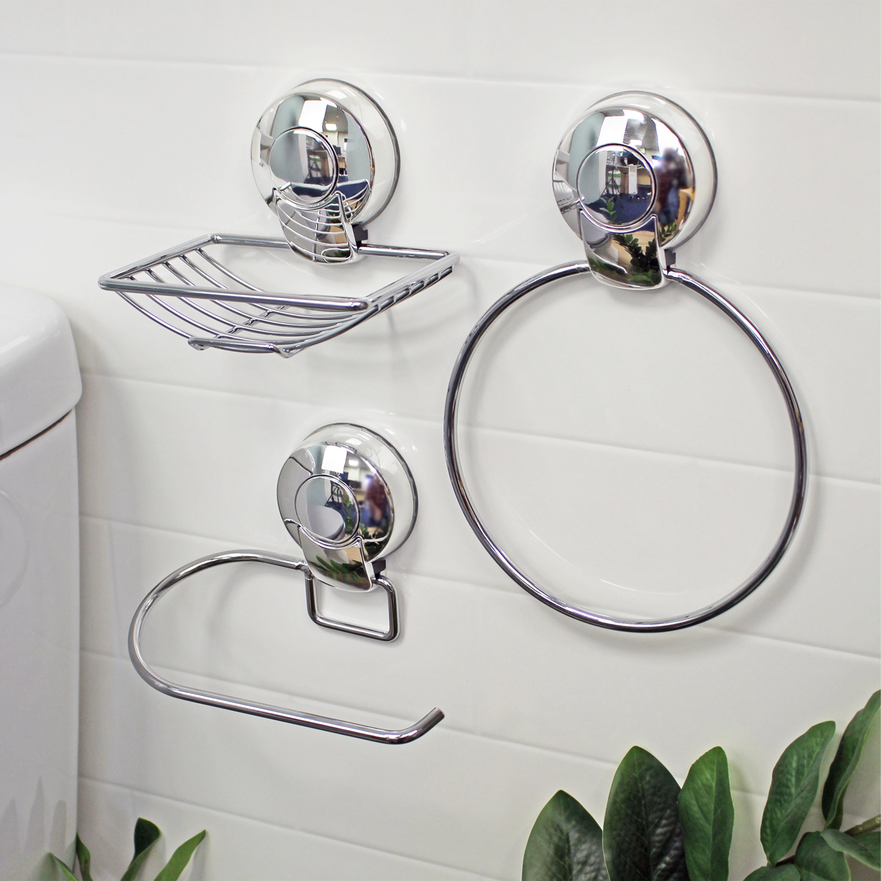 Showerdrape Suctionloc Chrome 3 Piece Suction Wall Mounted Bathroom Accessory Set Chrome Chrome 1