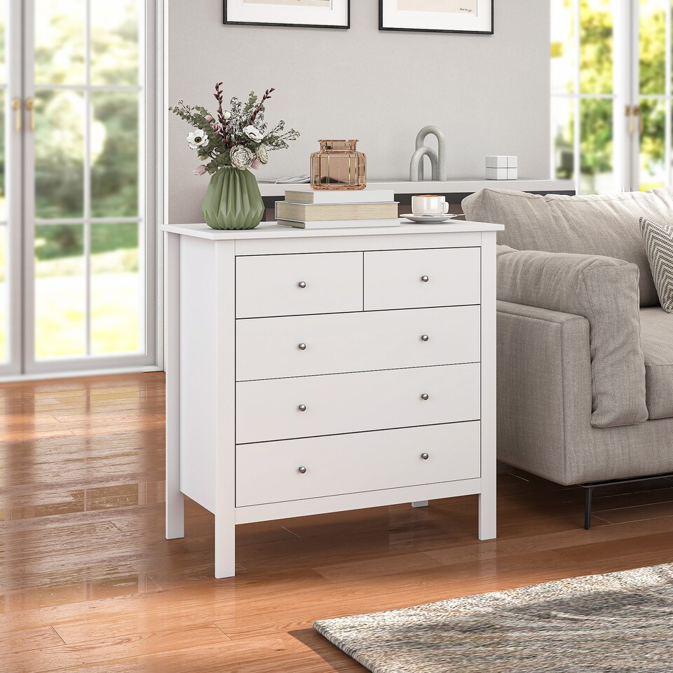 image 1 of HOMCOM Modern Chest of Drawers, 5 Drawer Storage Cabinet with Metal Handles and Runners for Bedroom, White
