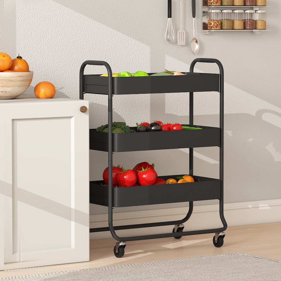 image 1 of HOMCOM 3-Tier Storage Trolley on Wheels, Rolling Utility Cart with Mesh Backets, Mobile Storage Cart for Kitchen, Bathroom, Bedroom, Black | Black | Black