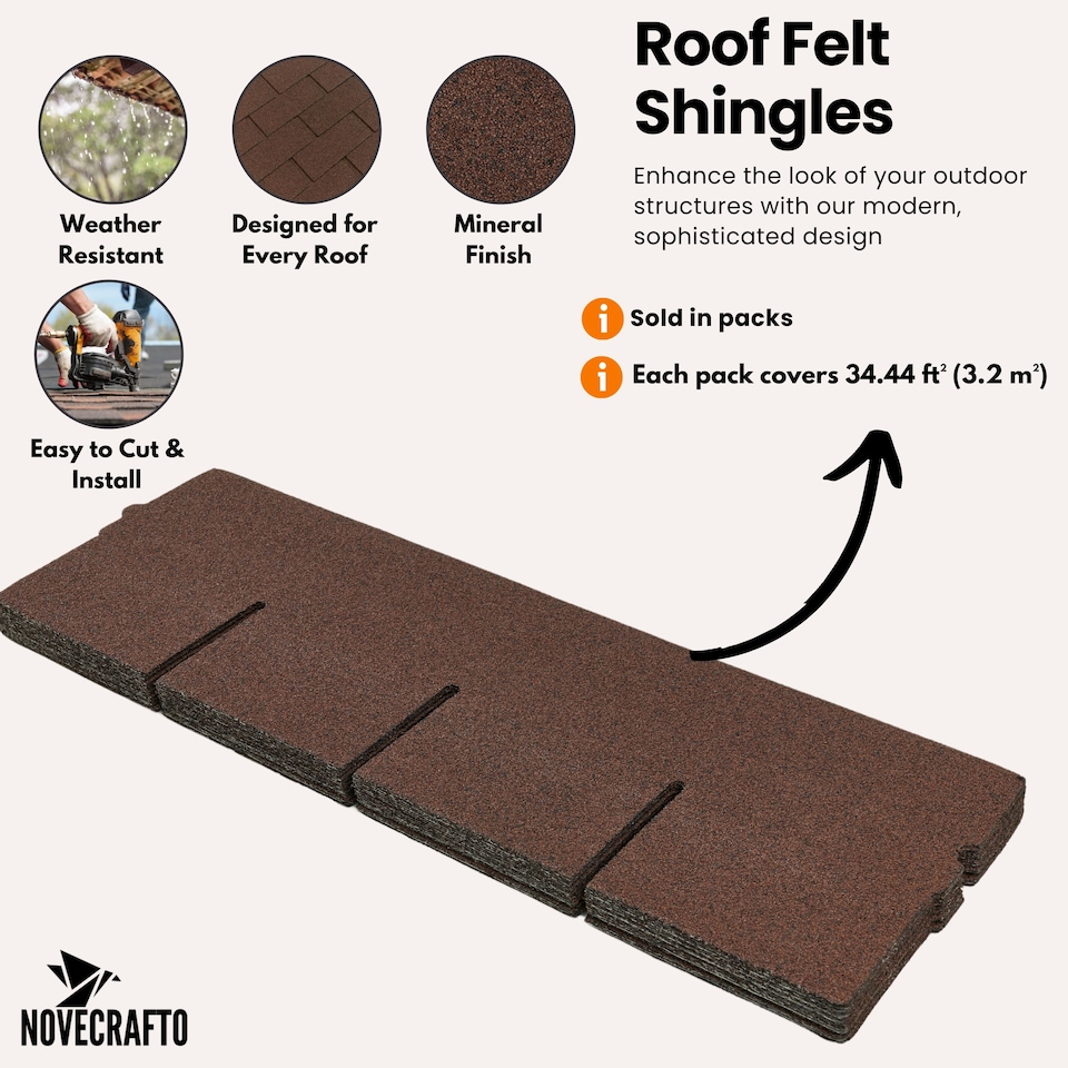 image 1 of Bitumen Roof Felt Shingles (3.2 sqm), Asphalt Roof Shingles - Weather Resistant Roofing Tiles 20 pcs