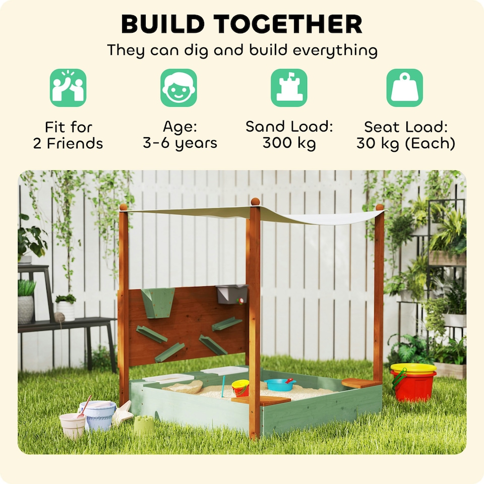 image 1 of AIYAPLAY Wood Sandpit for Kids with Canopy for Garden, Beach, Green 