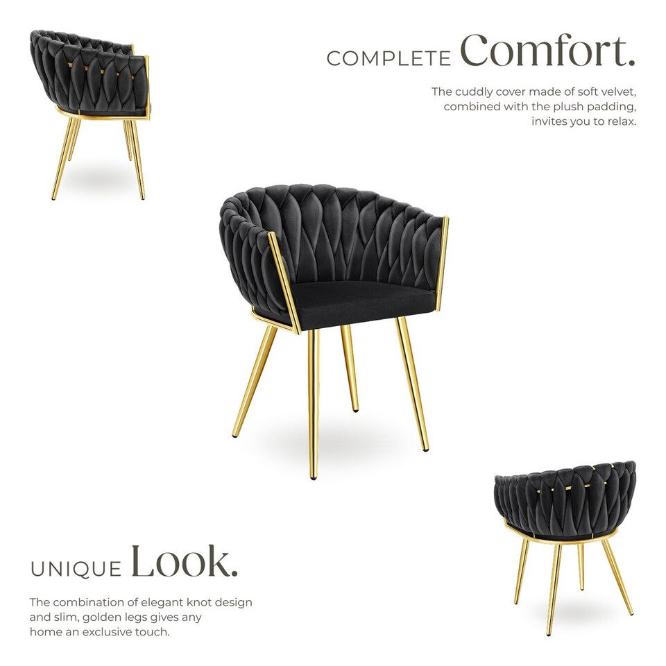 image 1 of Dining Chair Astano - padded, velvet, knot design, continuous backrest | Black | black/gold | 4
