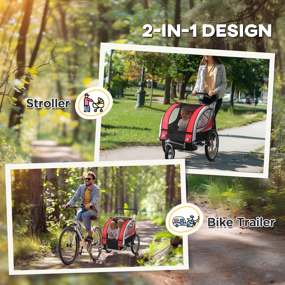 image 1 of HOMCOM 2 Seat Child Bike Trailer, Baby Bicycle Trailer for 2 Kids, Red