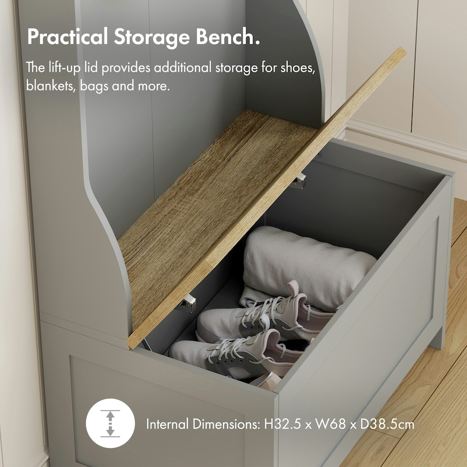 image 1 of VonHaus Grey Coat Rack Stand and Shoe Storage Bench for Hallway