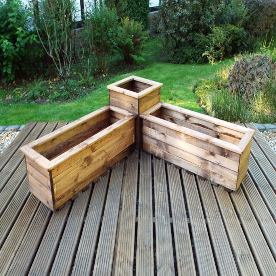 image 1 of Three Piece Corner Planter Set, Wooden Garden Pots/Tubs for Plants - W130 x D130 x H38.5 - Fully Assembled | Brown