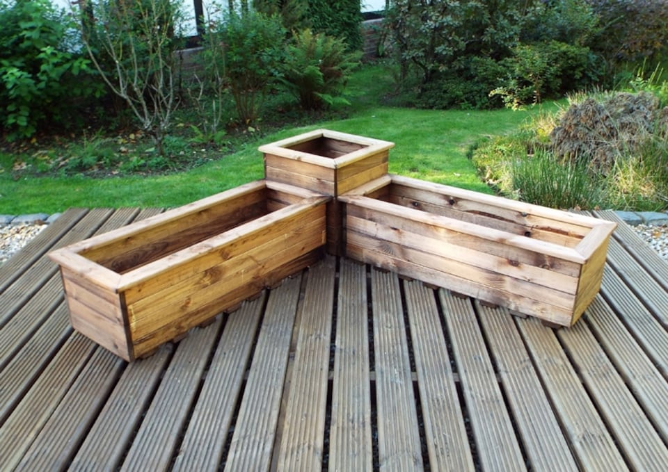 image 1 of Three Piece Corner Planter Set, Wooden Garden Pots/Tubs for Plants - W130 x D130 x H38.5 - Fully Assembled | Brown