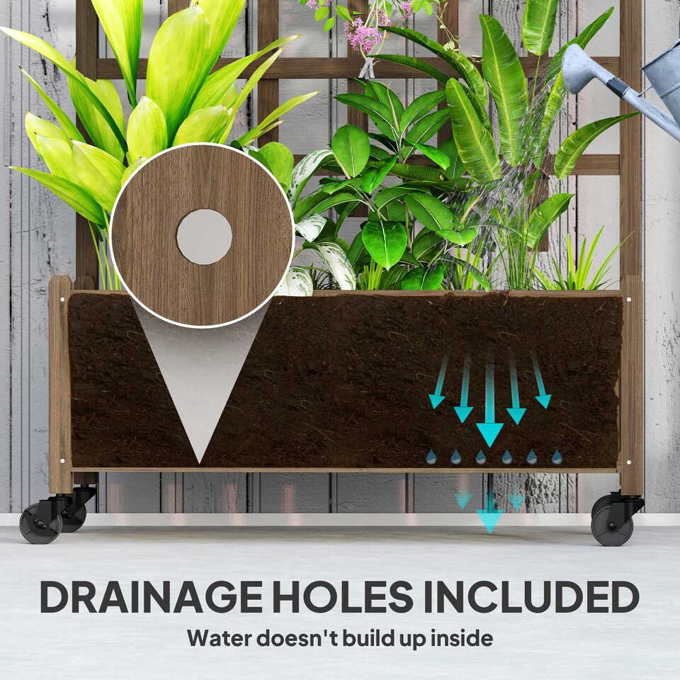 image 1 of Outsunny Wooden Trellis Planter, Raised Garden Bed with Wheels, Brown | Brown | Brown