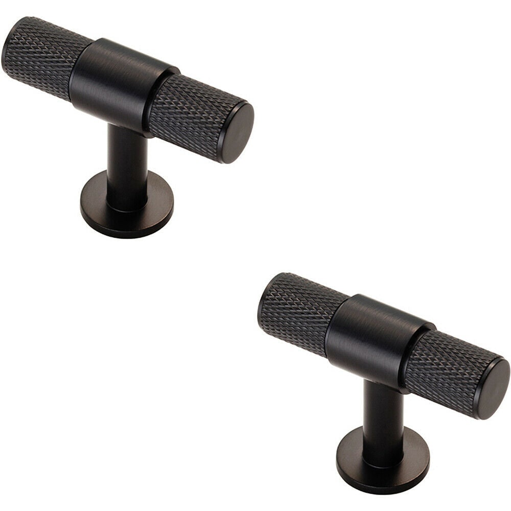 Loops 2x Knurled Cupboard T Shape Pull Handle 50 x 13mm Matt Black Cabinet Handle