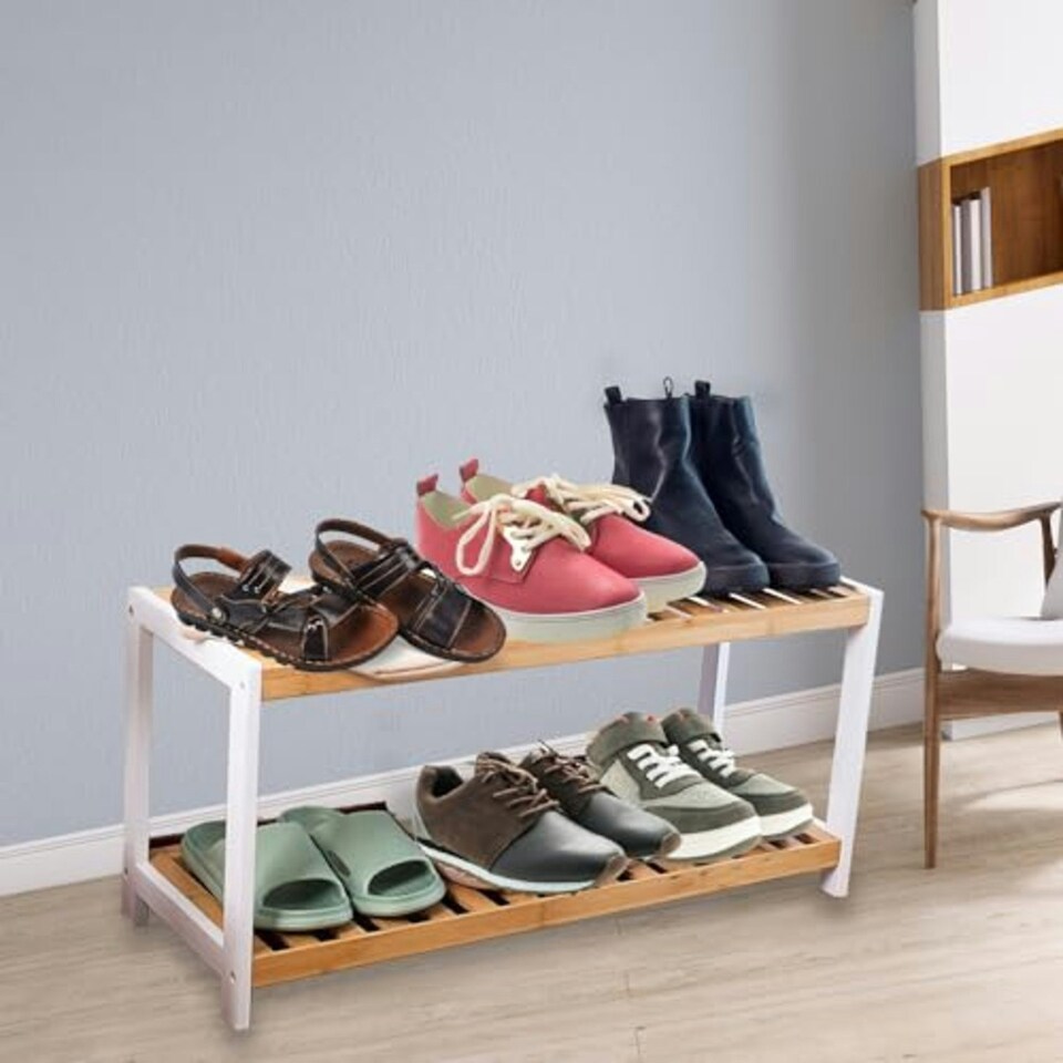image 1 of 2 Tier Bamboo Shoe Rack Strong Design Shelf Organiser Holds up to 8 Pairs of Shoes Brown