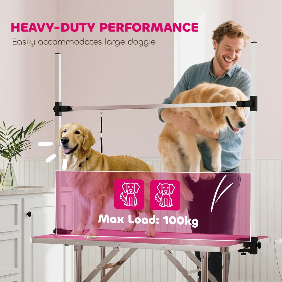 image 1 of PawHut Metal Adjustable Dog Grooming Table Rubber Top 2 Safety Slings Mesh