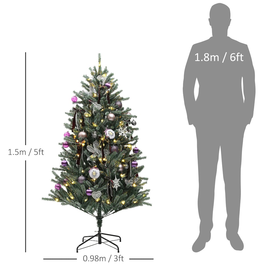 image 1 of HOMCOM 5ft Artificial Prelit Christmas Tree w/ LED Lights, Purple Ornaments