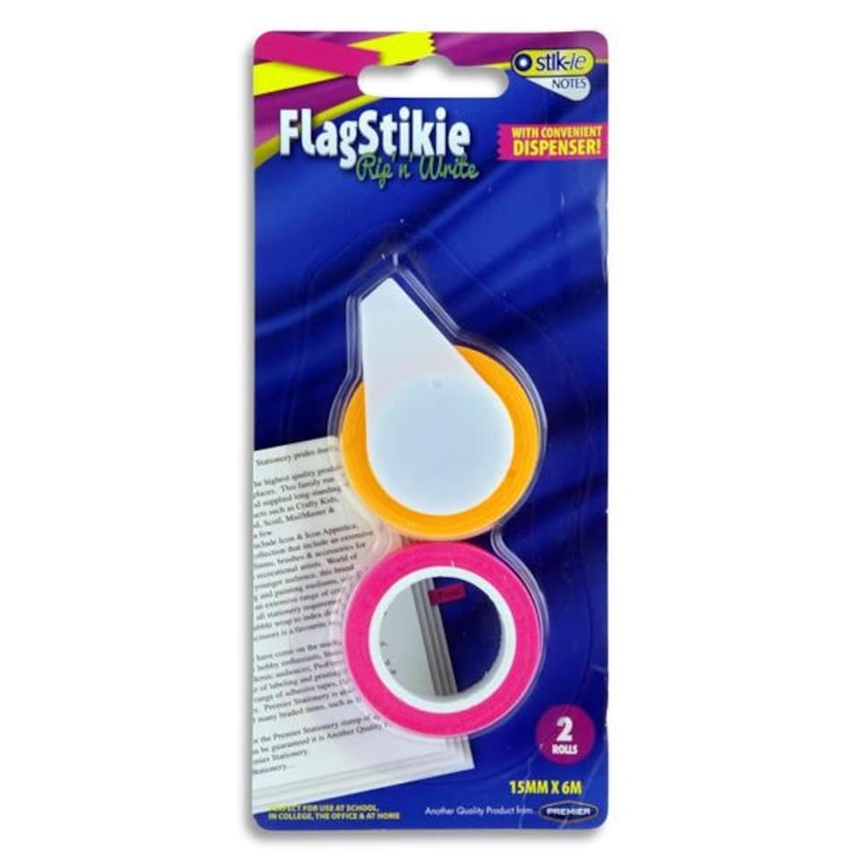 image 1 of Pack of 2 Flag Stikie Rip and Write 15mm X 6m Sticky Rolls with Dispenser by Stik-ie