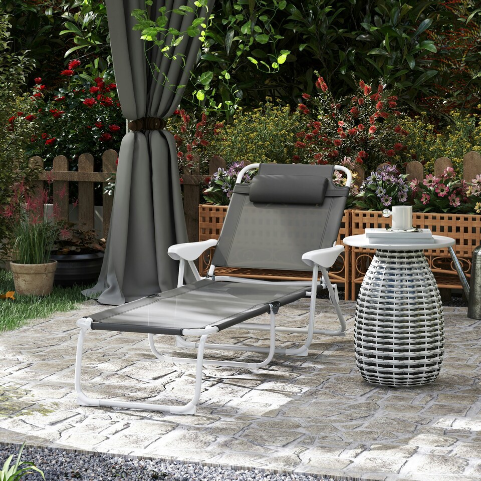 image 1 of Outsunny Folding Sun Lounger with 4-Level Backrest & Headrest, Charcoal Grey