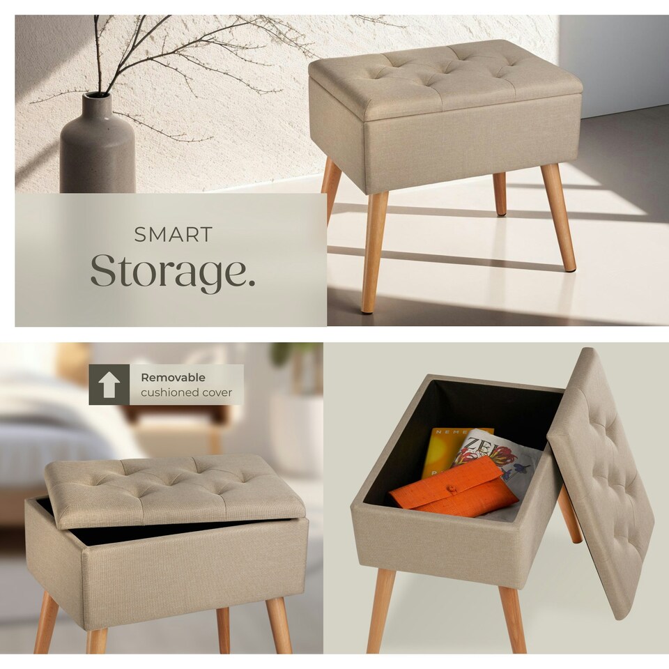 image 1 of Bench Ranya upholstered linen look with storage space - 300kg capacity Brown | Sand