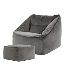 icon Natalia Velvet Adults Bean Bag Armchair and Pouffe, Ready Filled Large Beanbag and Footstool Charcoal Grey Grey | Grey